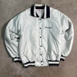 Vintage 90s Satin Varsity Company Jacket White Navy Blue Full Button Up Coat